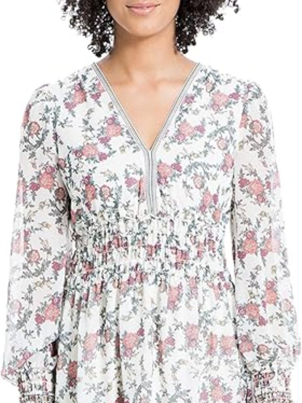 Max Studio Cream Floral V-Neck Smocked Waist Dress - Long Sleeve Georgette